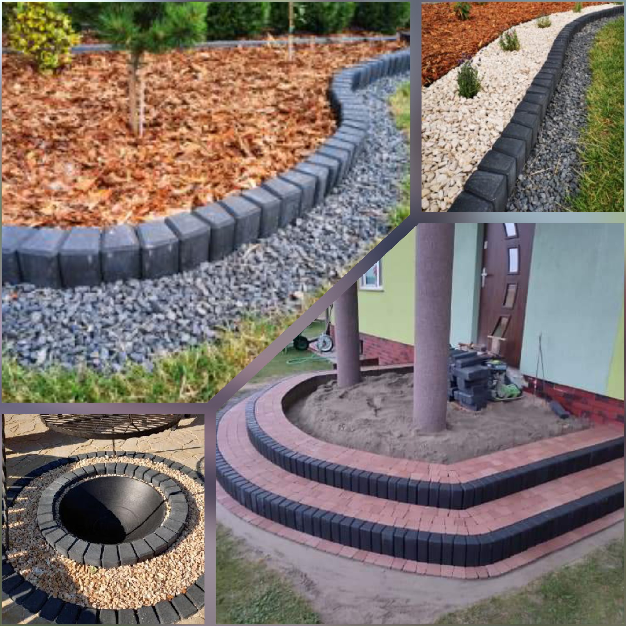 Kompozycja zdjęć: ścieżka w ogrodzie z obrzeżami z kostki, schody wejściowe z czerwonej kostki z obrzeżami, palenisko ogrodowe z obrzeżami