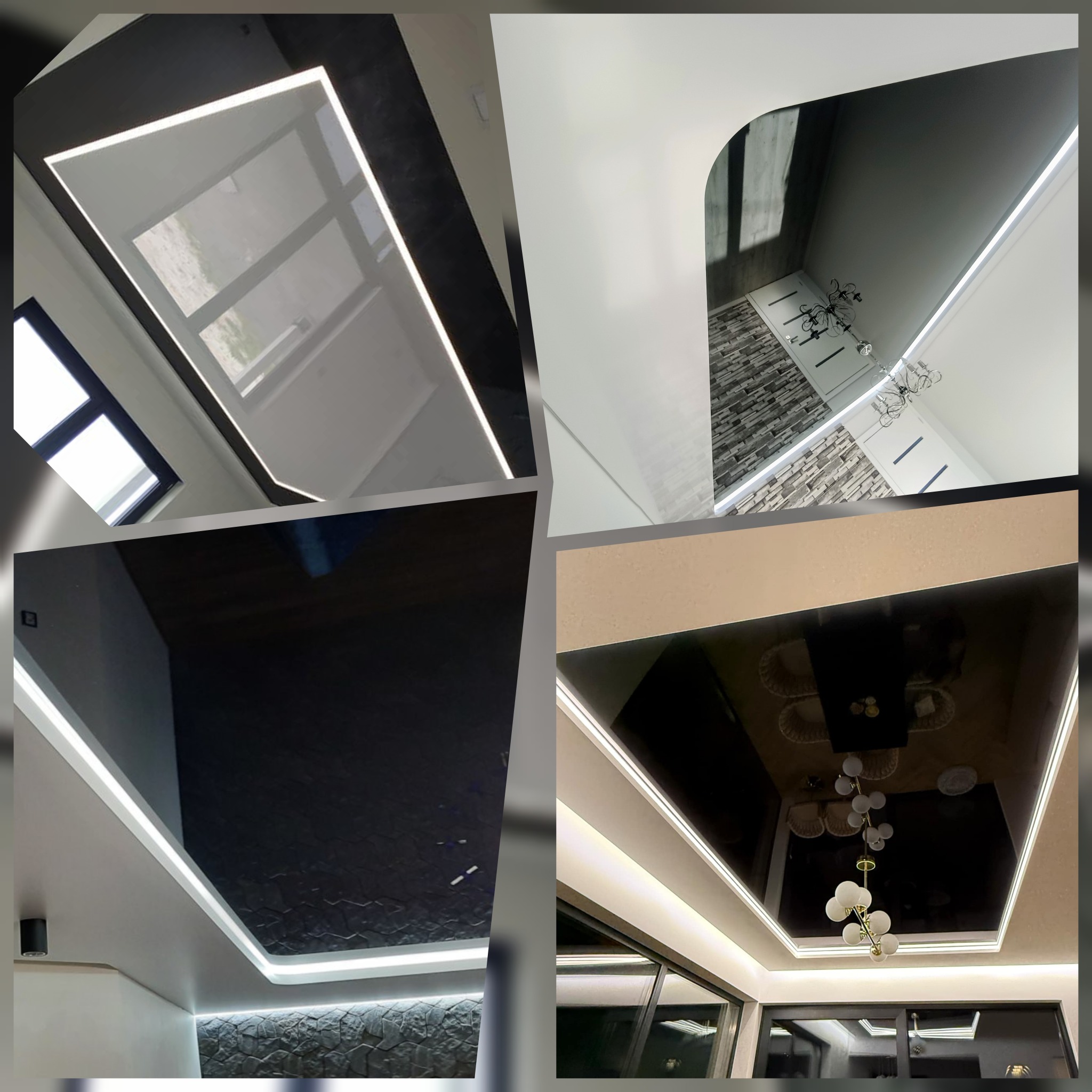 Kolaż przedstawiający cztery różne aranżacje sufitów napinanych z oświetleniem LED: biały sufit z widokiem na okno, sufit z dekoracyjną ścianą, czarny sufit z kamienną ścianą, oraz sufit odbijający...