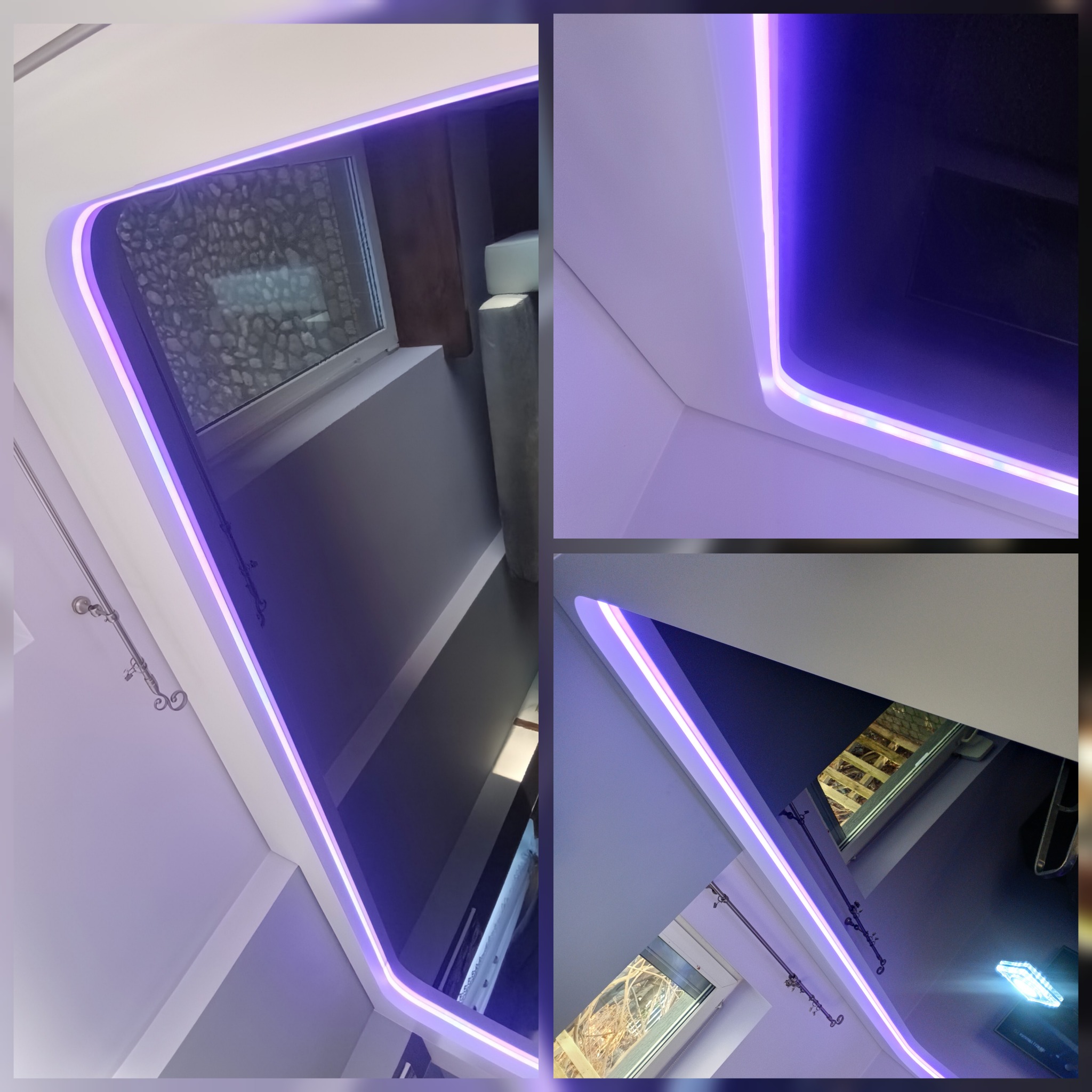 Nowoczesny sufit podwieszany z oświetleniem LED w kolorze fioletowym, widok z perspektywy dolnej, okno z dekoracyjną zasłoną w tle.