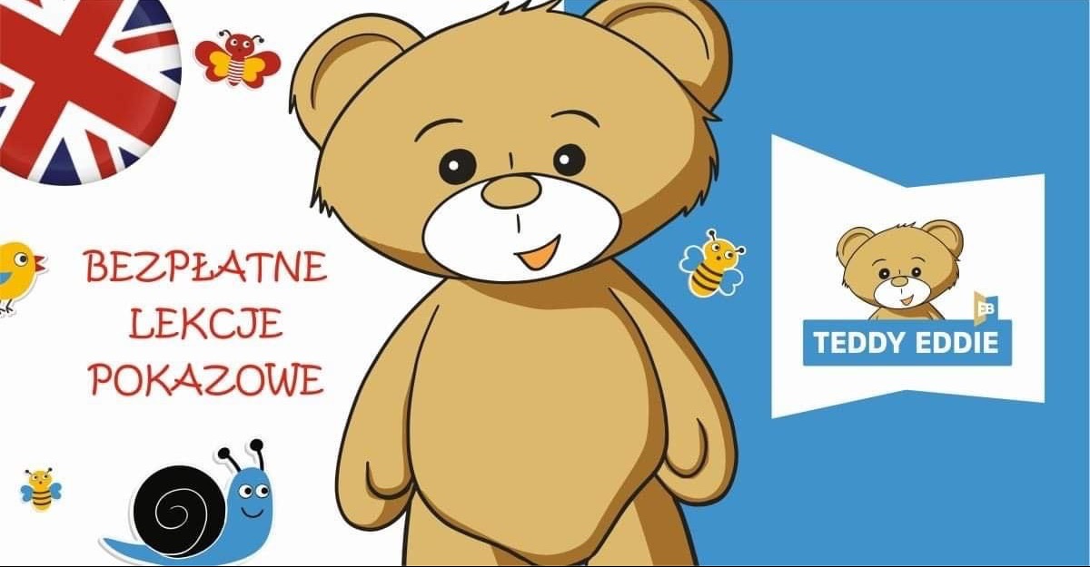 Bezpłatne lekcje pokazowe z pluszowym misiem, flaga Wielkiej Brytanii w tle, elementy graficzne: pszczoła, motyl, ślimak, ptak, logo Teddy Eddie.