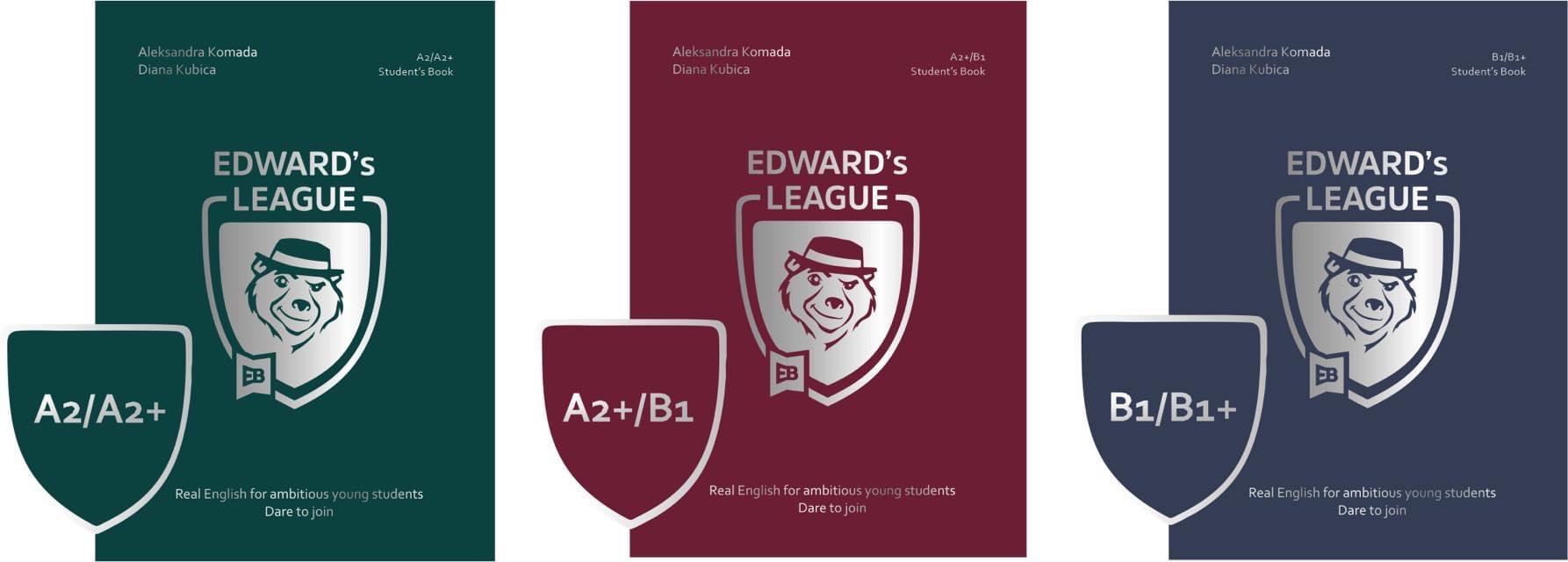 Trzy okładki podręczników do nauki języka angielskiego 'Edward's League' dla poziomów A2/A2+, A2+/B1 i B1/B1+, z ilustracją misia w kapeluszu.