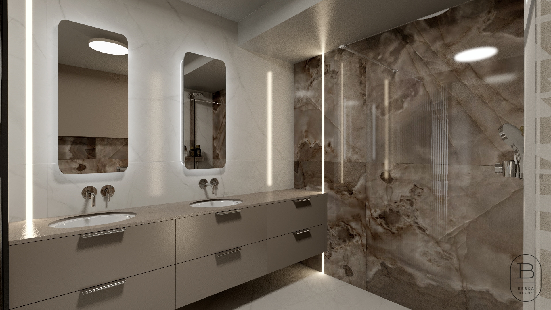 Nowoczesna łazienka z dwoma umywalkami nablatowymi, podświetlanymi lustrami o zaokrąglonych rogach, blatem w odcieniach szarości i kabiną prysznicową z marmurowymi płytkami w odcieniach brązu.
