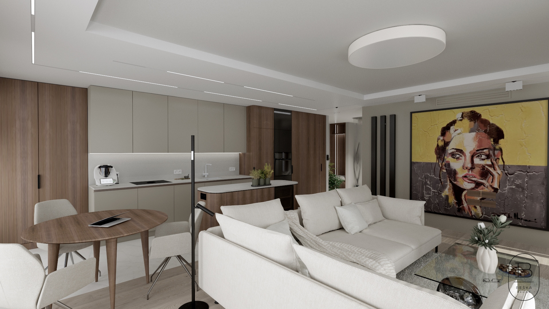 Wizualizacja przestronnego wnętrza mieszkania z otwartą kuchnią, jadalnią i salonem, z dominującą kolorystyką beżu, brązu i bieli, oświetlonego nowoczesnymi lampami sufitowymi i z dużym obrazem...