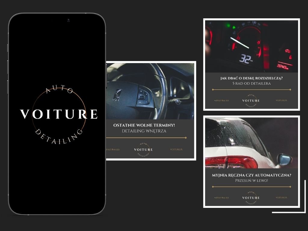 Reklama auto detailingu na ekranie smartfona, obok kadry z wnętrza samochodu, deski rozdzielczej i umytego auta z hasłem 'Myjnia ręczna czy automatyczna?'