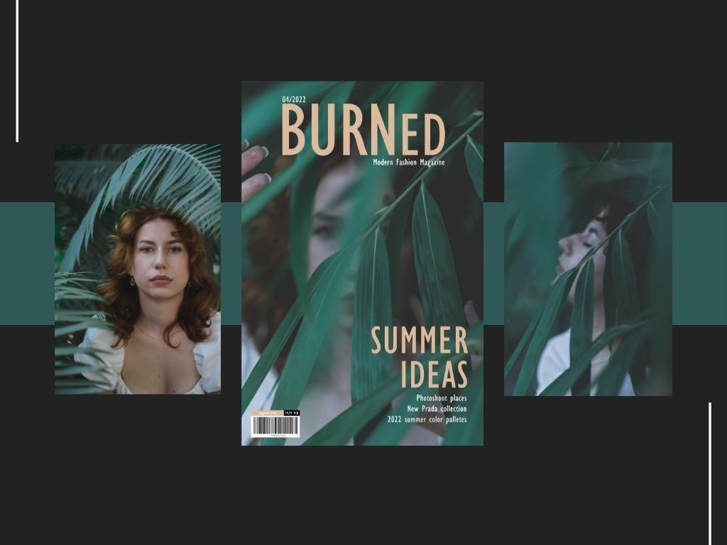 Okładka magazynu modowego 'Burned' z kobietą i motywem liści palmowych w odcieniach zieleni.