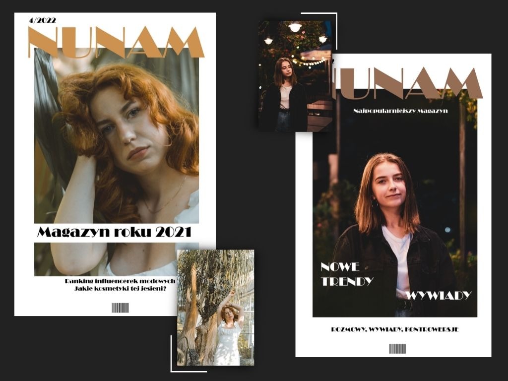 Kompozycja trzech okładek magazynu modowego 'NUNAM' z różnymi modelkami i motywami przewodnimi, prezentowanych w formie kolażu.