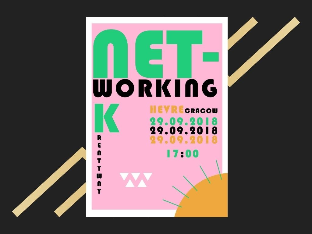 Abstrakcyjny plakat w pastelowych kolorach z napisem NETWORKING, datą 29.09.2018 i godziną 17:00, otoczony złotymi, geometrycznymi elementami.