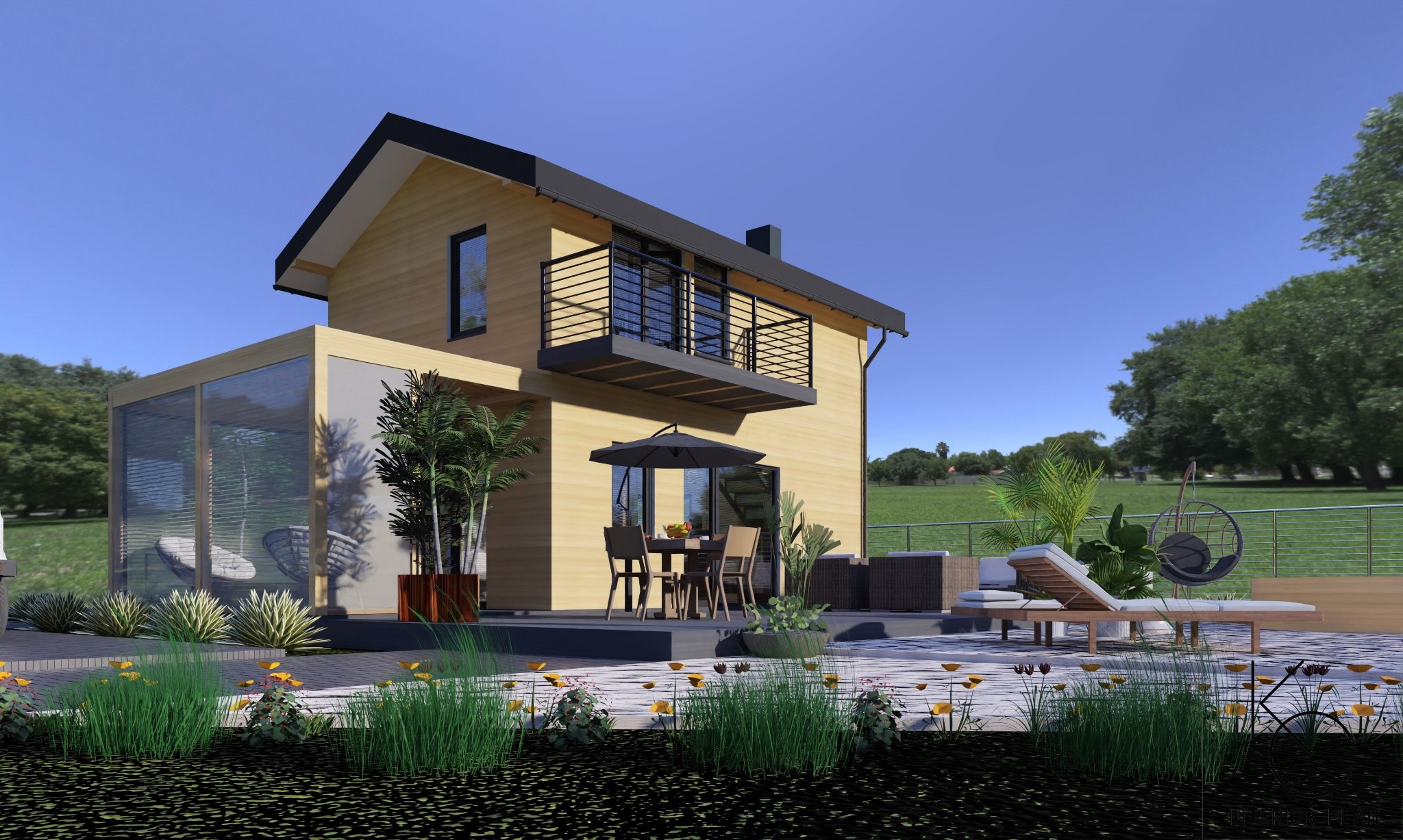 Wizualizacja domu szkieletowego z przeszkloną oranżerią, balkonem z czarną balustradą i tarasem z meblami ogrodowymi oraz leżanką, otoczonego zielenią i kwiatami.