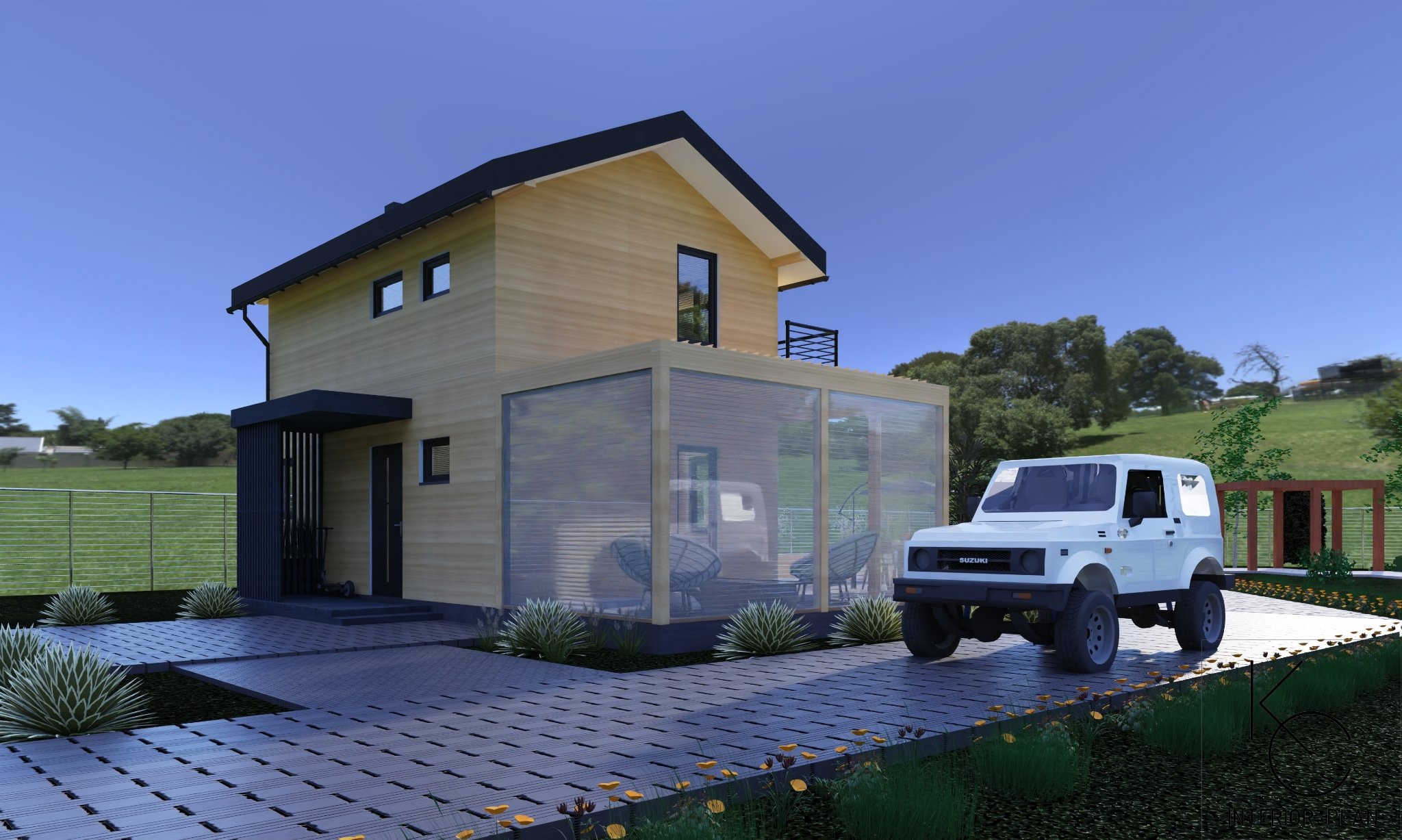Wizualizacja dwukondygnacyjnego domu z jasną elewacją, przeszkloną werandą i białym Suzuki Jimny zaparkowanym na posesji.