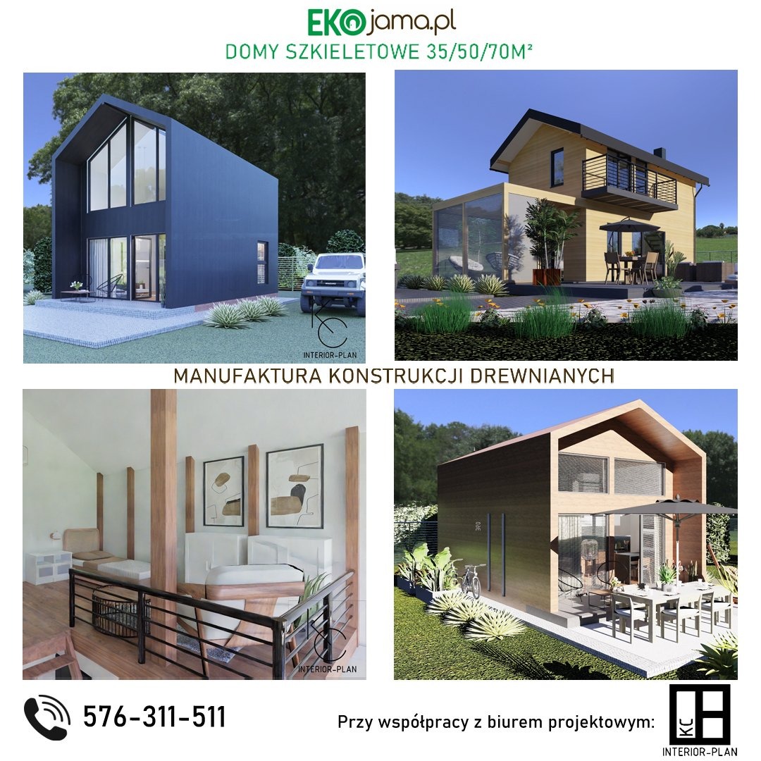 Wizualizacja czterech projektów domów z drewnianą konstrukcją, w tym minimalistyczny czarny dom z dużymi oknami, jasny dom z balkonem i przeszkloną werandą, wnętrze z drewnianymi elementami...