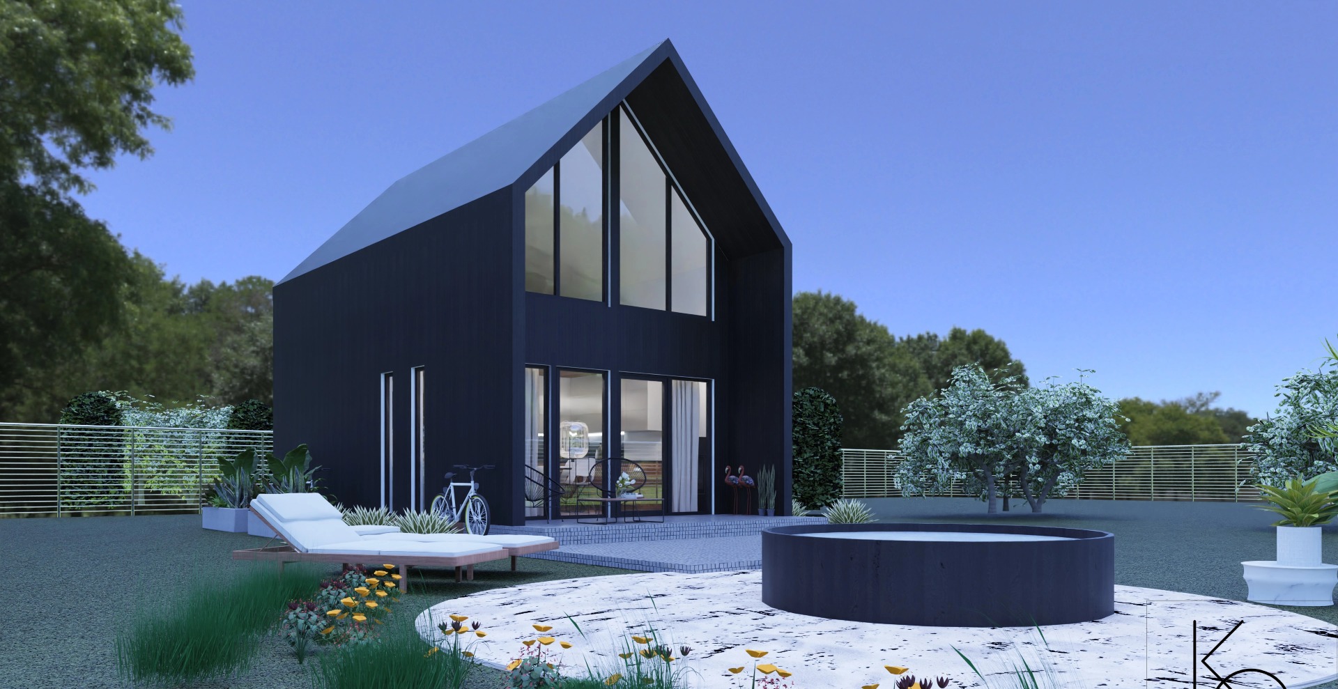 Wizualizacja nowoczesnego, czarnego domu z wysokim dachem, dużymi oknami, tarasem z leżakiem i okrągłym basenem na zewnątrz, rower oparty o ścianę.