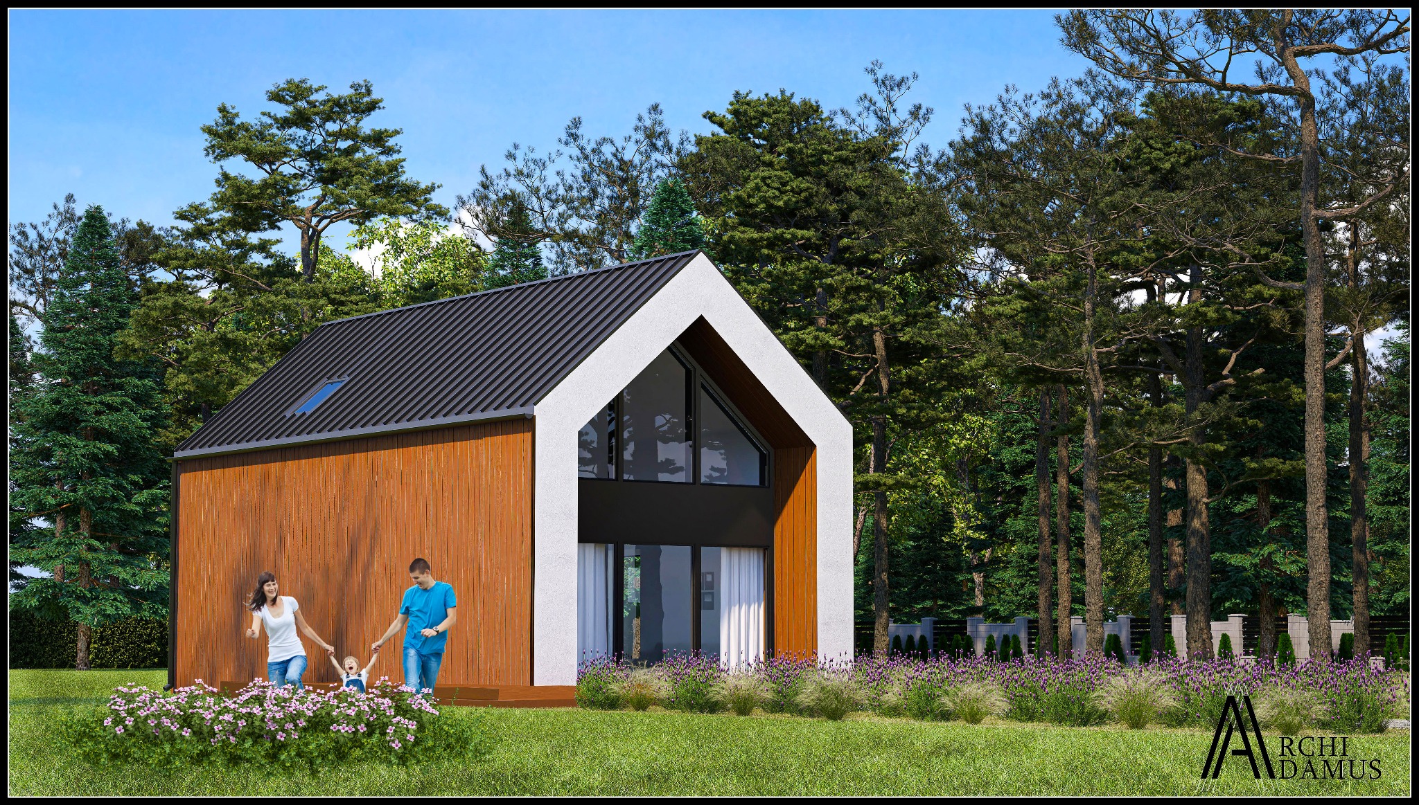 Wizualizacja nowoczesnego, drewnianego domu z dachem dwuspadowym i dużym oknem frontowym, na tle zieleni, z rodziną spacerującą po trawniku, logo firmy w prawym dolnym rogu.