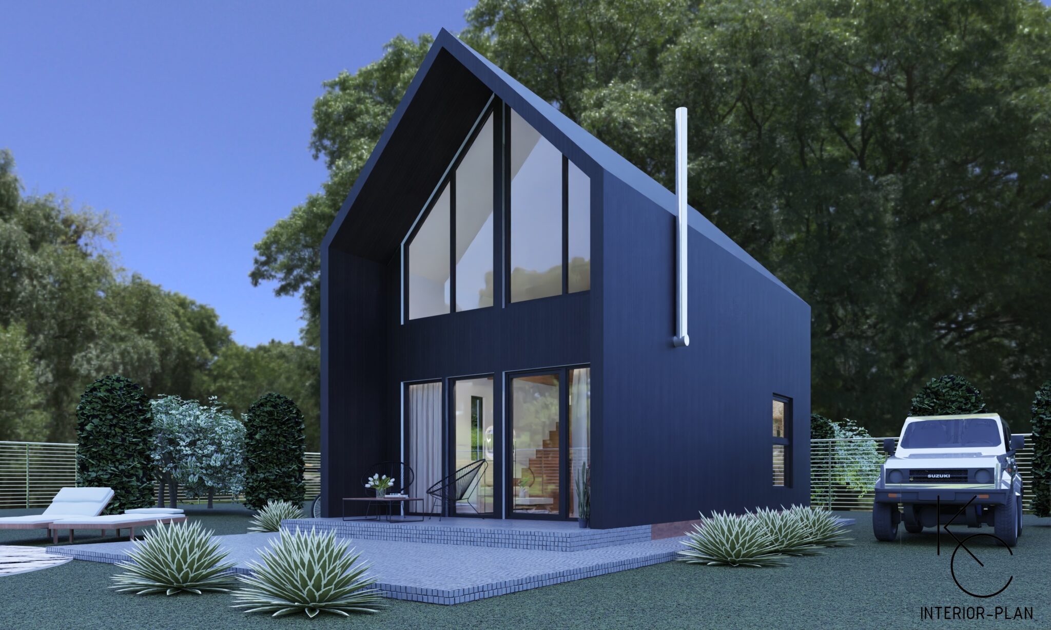 Czarny, nowoczesny dom z dużymi oknami, kominem na bocznej ścianie, tarasem z meblami ogrodowymi i samochodem Suzuki w tle.