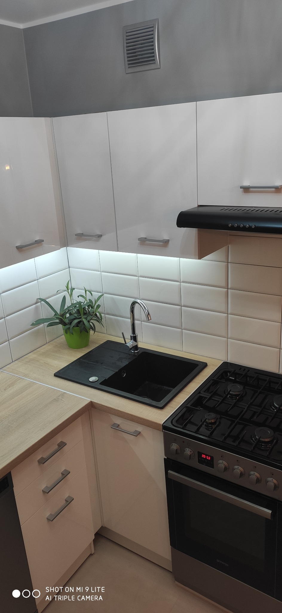 Nowoczesna kuchnia z białymi szafkami, czarnym zlewem i płytą gazową; na blacie roślina w zielonej doniczce, białe kafelki na ścianie.