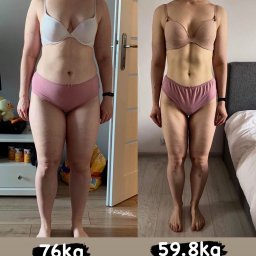 Trener Personalny - Karol Adamczyk - Zdjęcie typu 'przed i po' przedstawiające sylwetkę kobiety w bieliźnie, z widoczną utratą wagi, z wagą 76kg po lewej i 59.8kg po prawej stronie