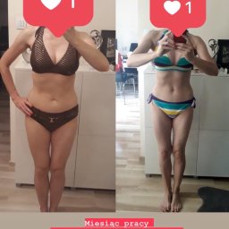 Trener Personalny - Karol Adamczyk - Porównanie sylwetki kobiety przed i po miesiącu ćwiczeń i diety, widoczne zmiany w budowie ciała, zdjęcie zrobione w domowych warunkach, ujęcie od przodu.