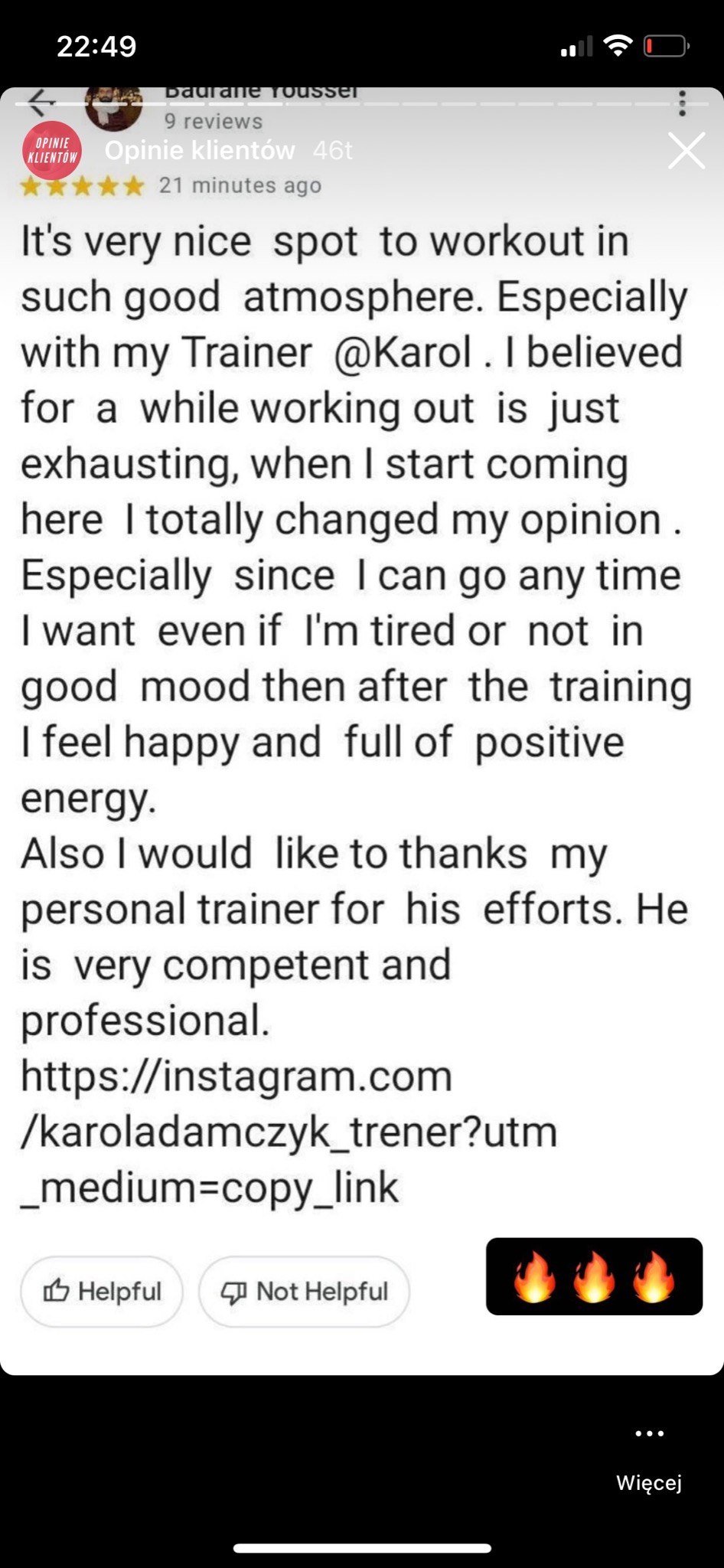 Zrzut ekranu pozytywnej opinii klienta o trenerze personalnym Karolu, z widoczną nazwą użytkownika na Instagramie i oceną 5 gwiazdek.