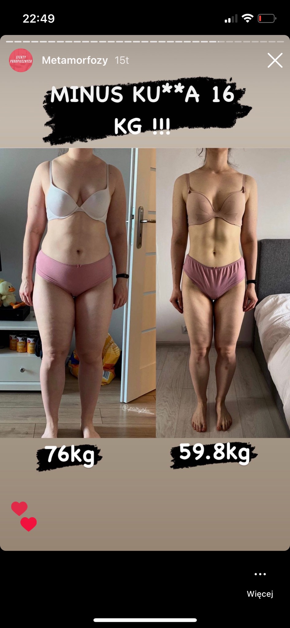 Zdjęcie typu 'przed i po' przedstawiające sylwetkę kobiety w bieliźnie, z widoczną utratą wagi, z wagą 76kg po lewej i 59.8kg po prawej stronie