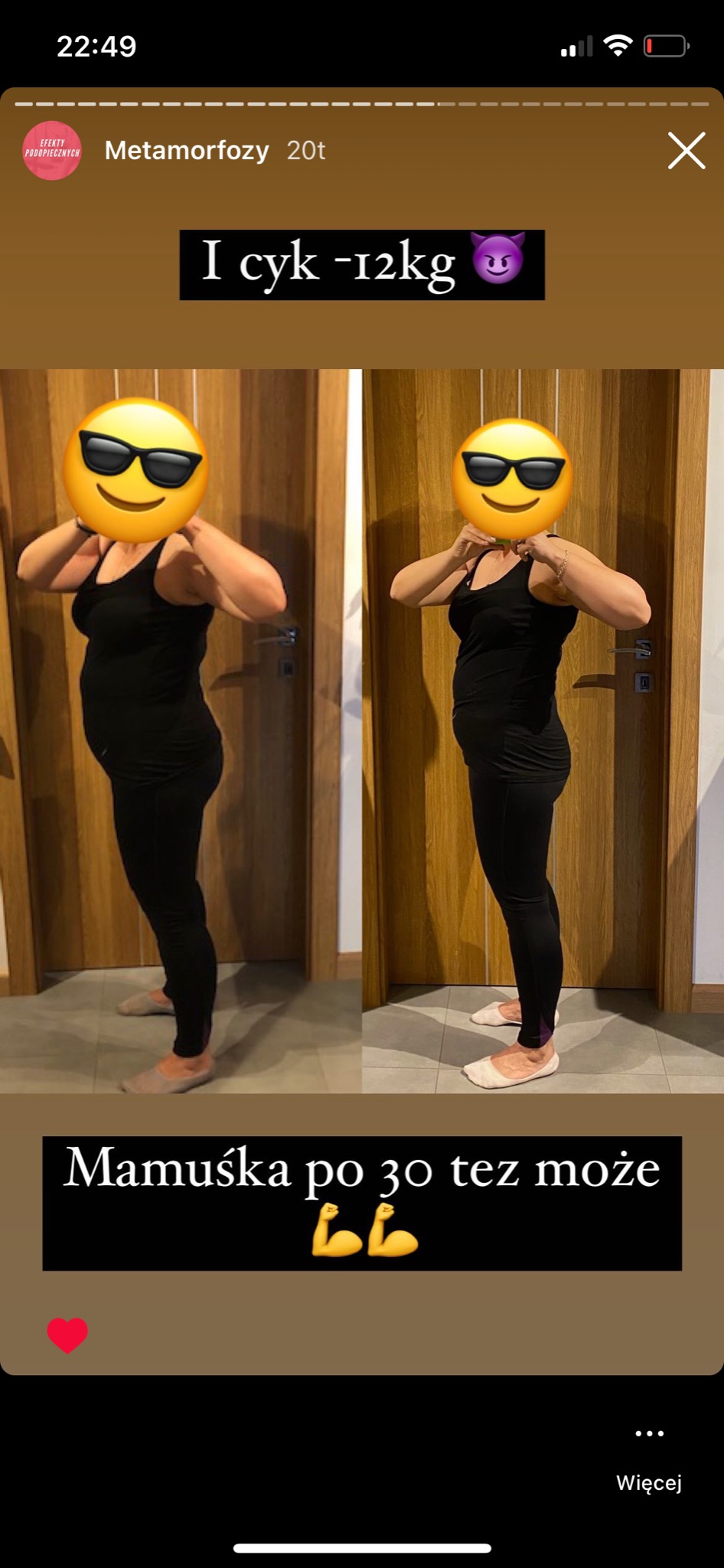 Porównanie sylwetki kobiety przed i po odchudzaniu, z zasłoniętą twarzą emotikonem, widoczne zmiany w talii i brzuchu, na tle drewnianych drzwi.