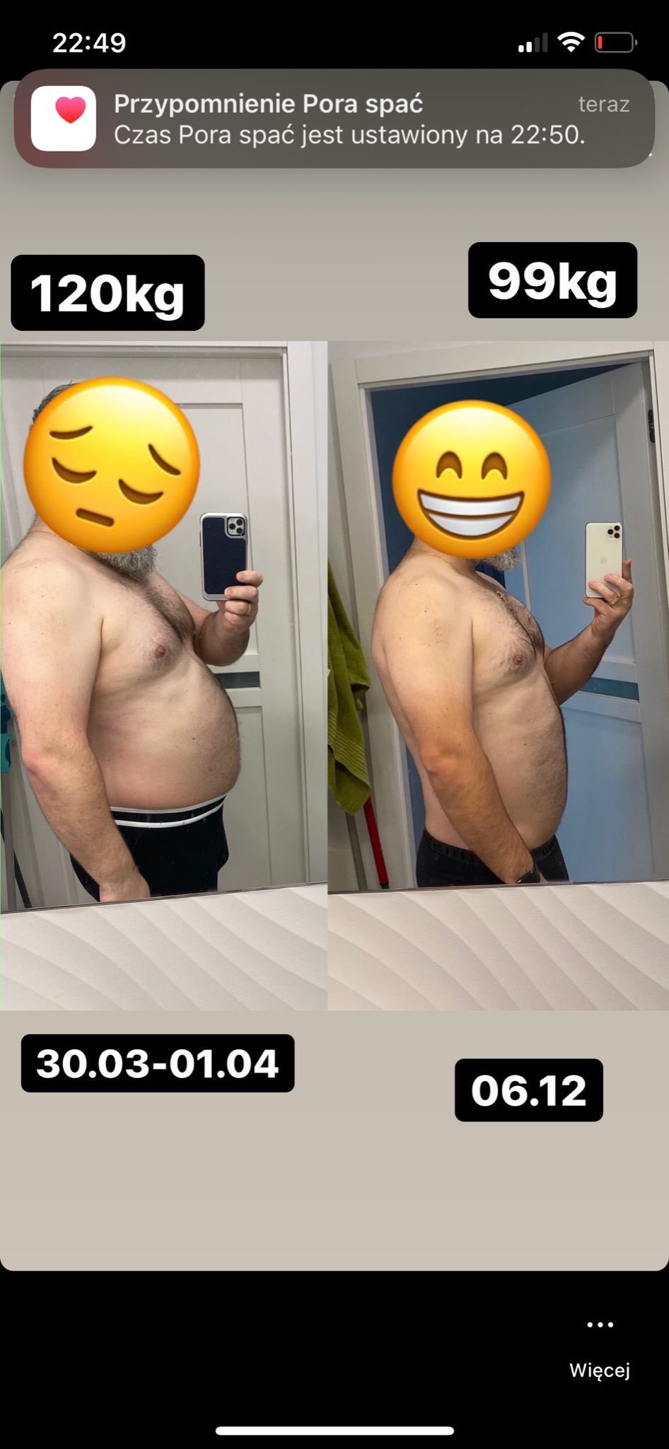 Mężczyzna dokumentuje postępy w odchudzaniu: po lewej 120kg (30.03-01.04), po prawej 99kg (06.12), twarz zasłonięta emotikonami.