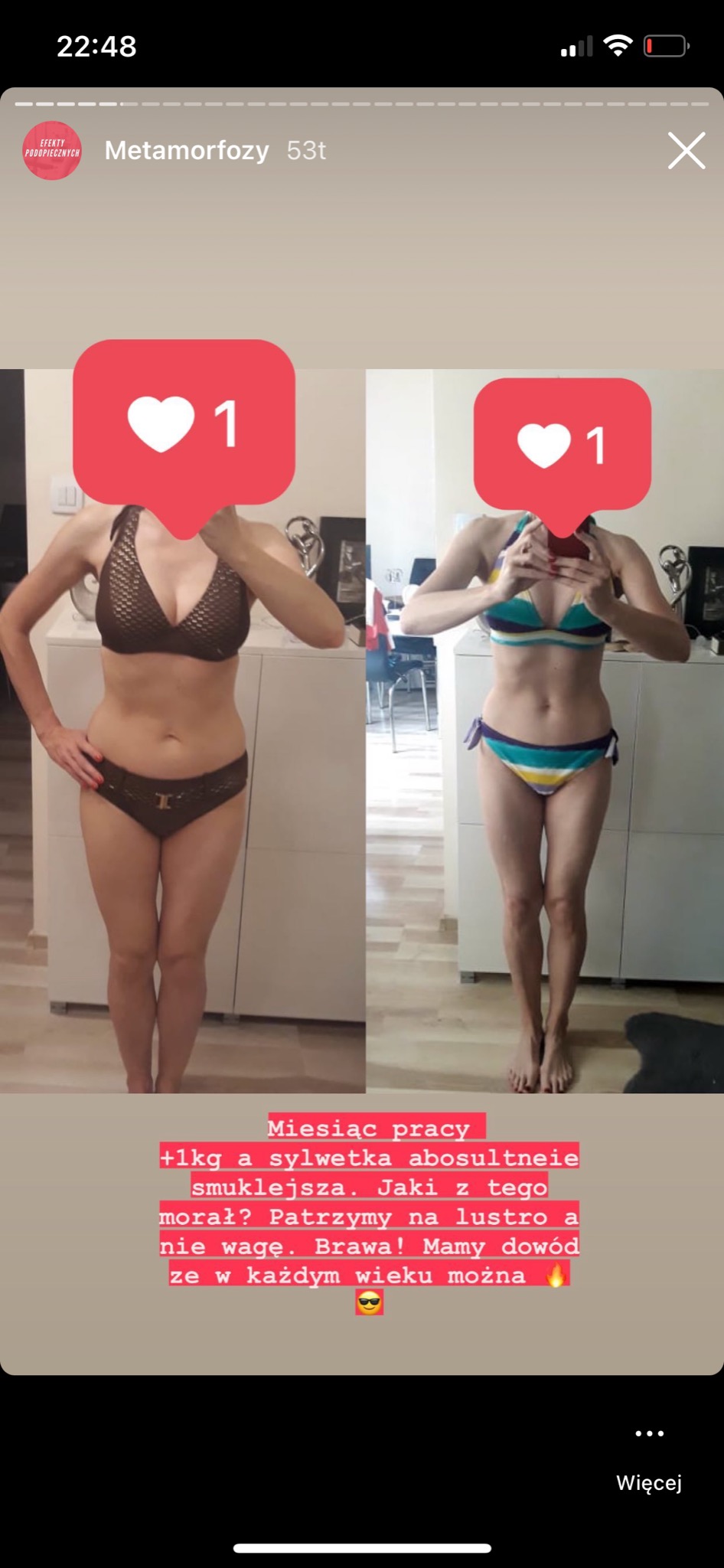 Porównanie sylwetki kobiety przed i po miesiącu ćwiczeń i diety, widoczne zmiany w budowie ciała, zdjęcie zrobione w domowych warunkach, ujęcie od przodu.