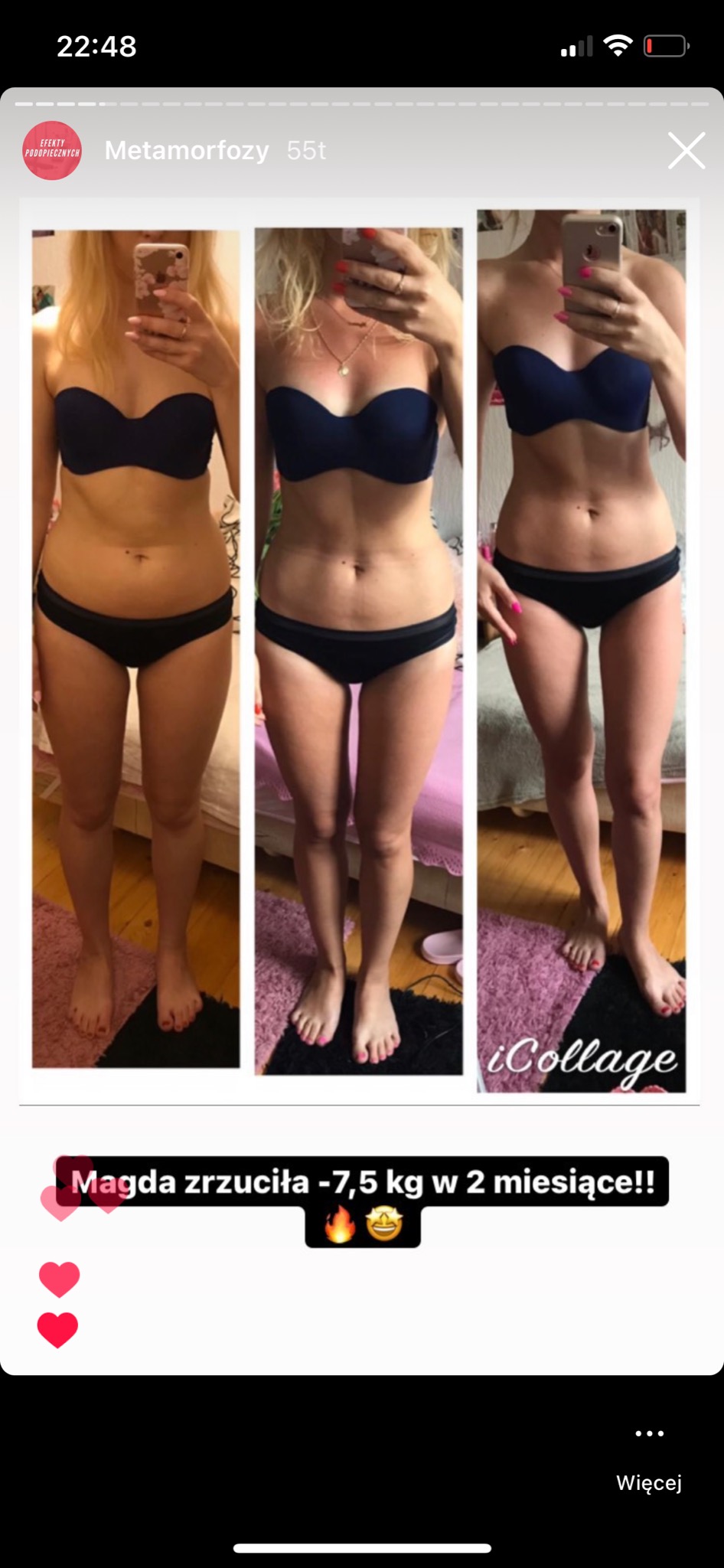 Kolaż trzech zdjęć tej samej kobiety w bieliźnie, ukazujący progres sylwetki po dwóch miesiącach, z widoczną utratą wagi -7,5 kg.