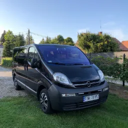 Czarny Opel Vivaro zaparkowany na trawie przed domem z czerwoną dachówką, widoczne tablice rejestracyjne z polskim numerem TSK 35192, niebieska folia na szybach.