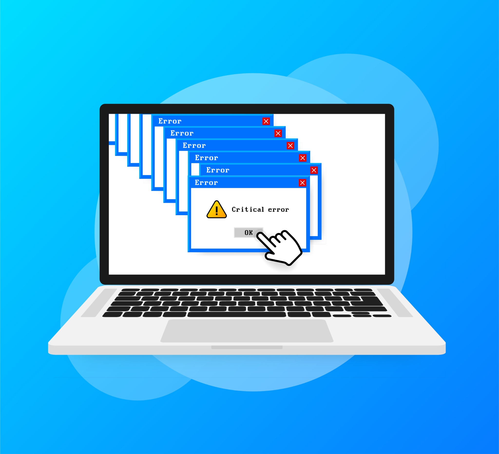 Laptop wyświetlający serię okien dialogowych z komunikatem o błędzie krytycznym, na ekranie widoczny kursor myszy wskazujący na przycisk OK.