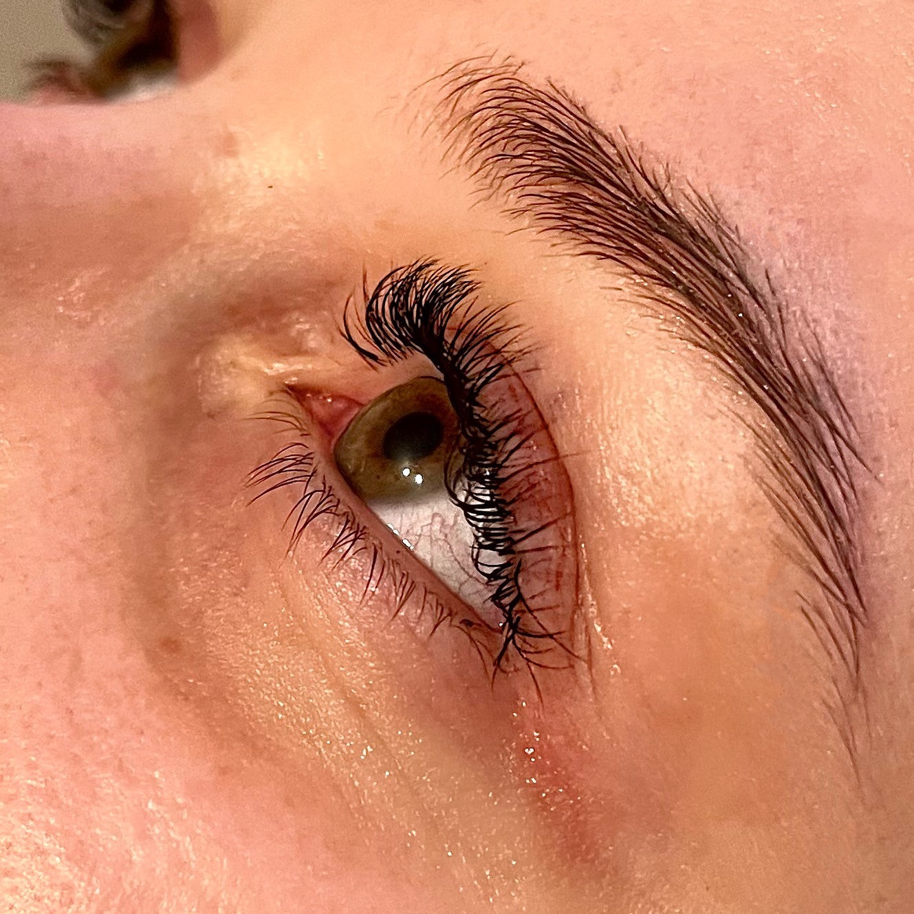 Detaliczny widok oka po stylizacji rzęs metodą 2D, widoczne brązowe tęczówka, dolne rzęsy oraz precyzyjnie ułożone, czarne rzęsy górne, zarys brwi.