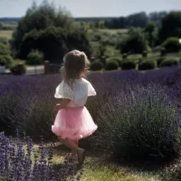 Dziewczynka w różowej tiulowej spódniczce i białej bluzce stoi tyłem na polu lawendy, w tle widok na zielone pola i drzewa pod błękitnym niebem.