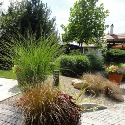 Aranżacja ogrodu z ozdobnymi trawami w donicach, kamieniami i kostką brukową, widok na basen i dom w tle.