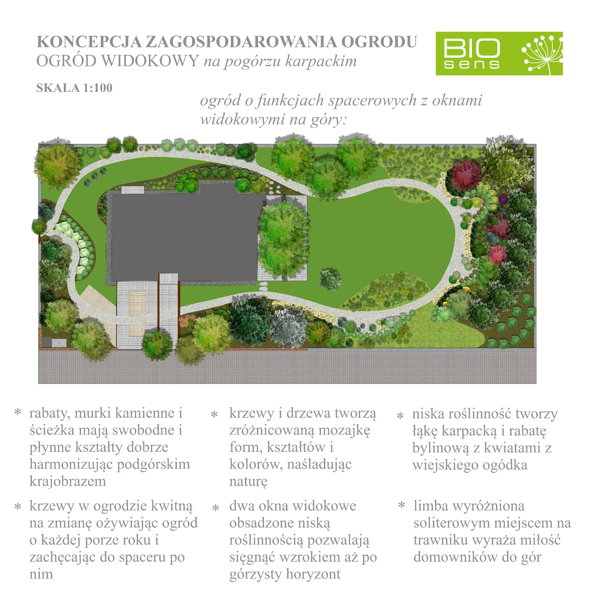 Projekt zagospodarowania ogrodu widokowego na pogórzu karpackim w skali 1:100, z rabatami, murkami kamiennymi, ścieżkami o swobodnych kształtach, kwitnącymi krzewami i drzewami tworzącymi mozaikę...