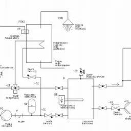 Schemat instalacji grzewczej z pompą ciepła, zbiornikiem buforowym, podgrzewaczem elektrycznym i ogrzewaniem podłogowym, uwzględniający zawory bezpieczeństwa, filtry i sterownik LCD.