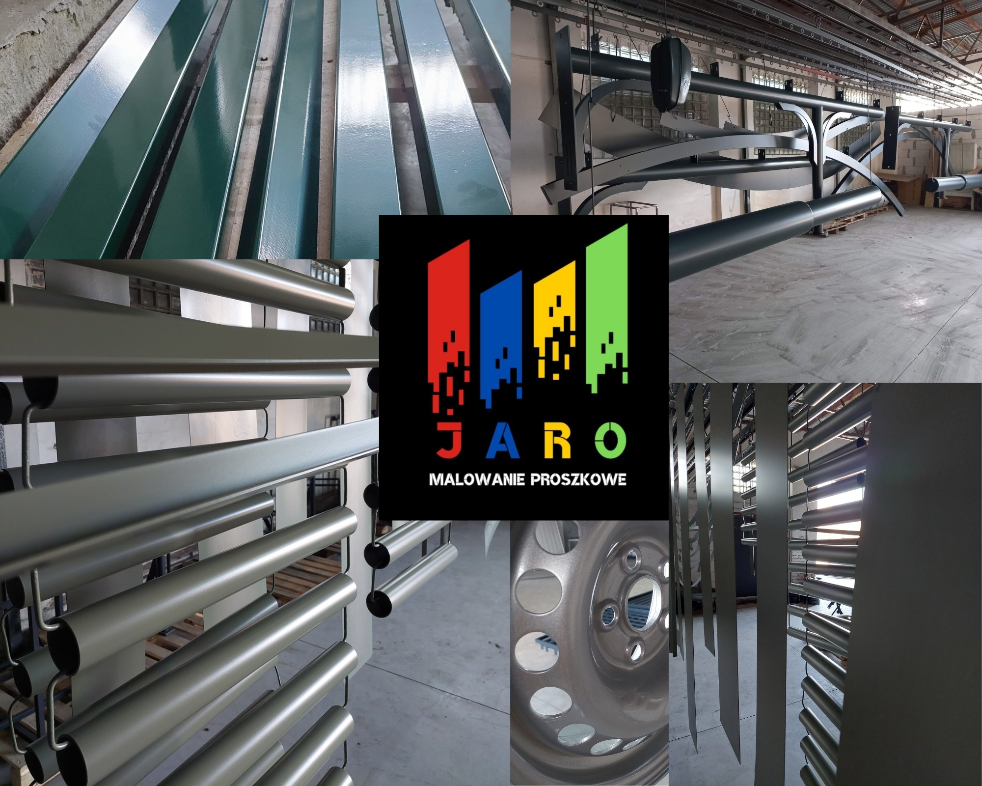 Elementy metalowe, w tym felga i rury, po malowaniu proszkowym, z widocznym logo firmy Jaro Malowanie Proszkowe w centralnej części kompozycji.