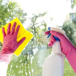 Kamila Marzec - Mycie okna: ręce w różowych rękawicach spryskują szybę płynem i wycierają żółtą ściereczką na tle zieleni drzew.