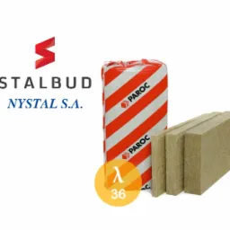 Paczka wełny mineralnej PAROC w biało-czerwone pasy, obok trzy płyty wełny mineralnej, logo Stalbud Nystal S.A. i okrągła etykieta z wartością lambda 36.