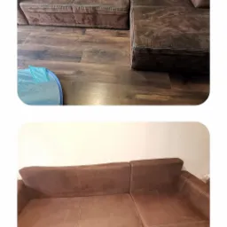 Dwa ujęcia tej samej brązowej, narożnej kanapy przed i po czyszczeniu, widoczne różnice w odcieniu i usunięte plamy na górnym zdjęciu.