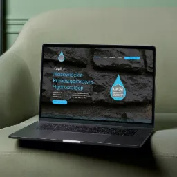 Laptop na zielonej kanapie prezentuje stronę internetową firmy Kapilar, specjalizującej się w hydroizolacjach, z logo w kształcie kropli wody na tle kamiennej ściany.