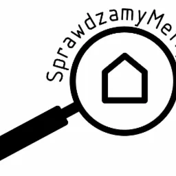Logo firmy 'SprawdzamyMetry.pl' przedstawia czarną lupę z obrysem domu w środku, symbolizującą dokładną weryfikację nieruchomości.