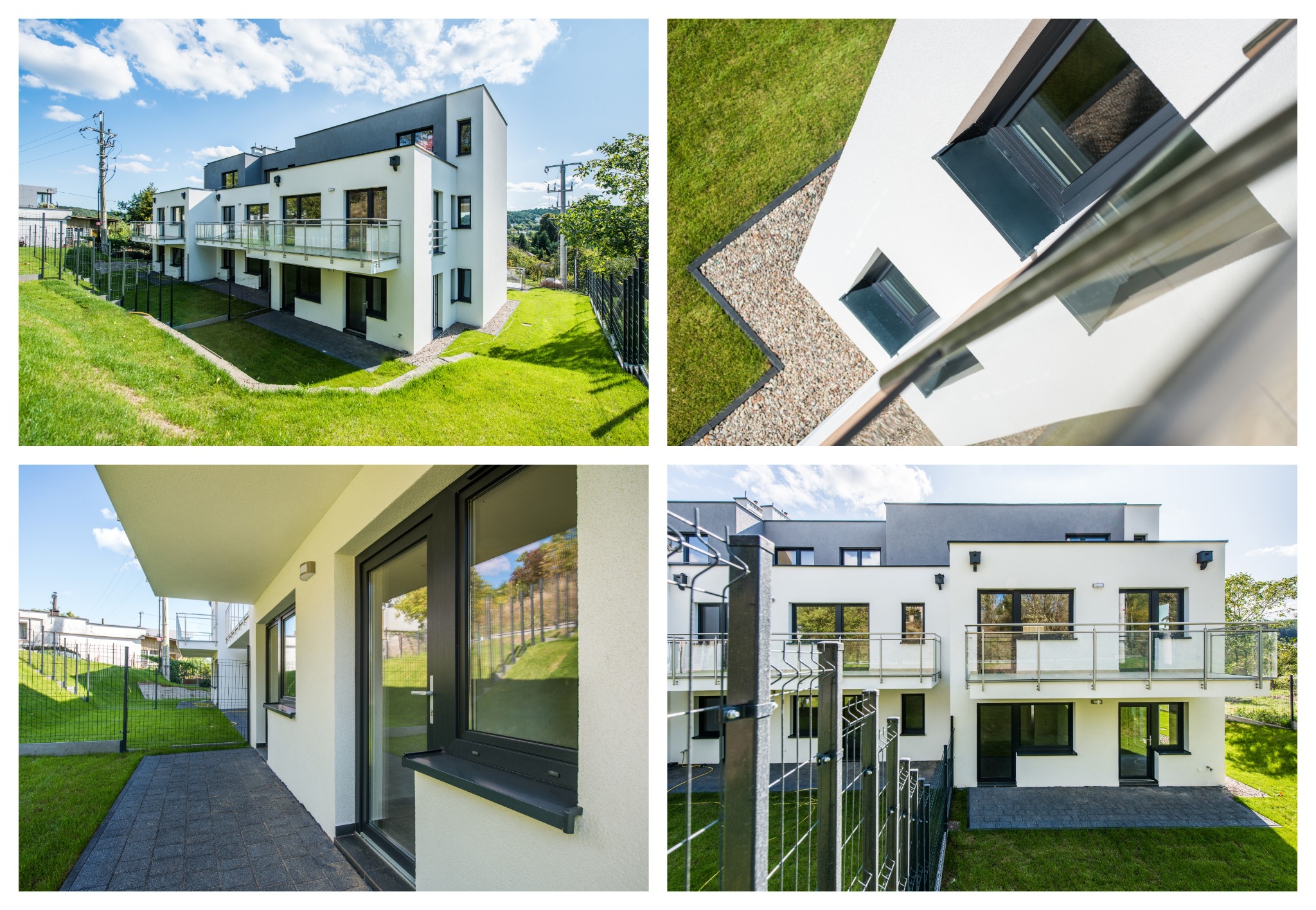 Nowoczesny budynek wielorodzinny z balkonami i zadbanym trawnikiem, widok z różnych perspektyw w formie kolażu. Minimalistyczna architektura, jasna elewacja, szklane balustrady.