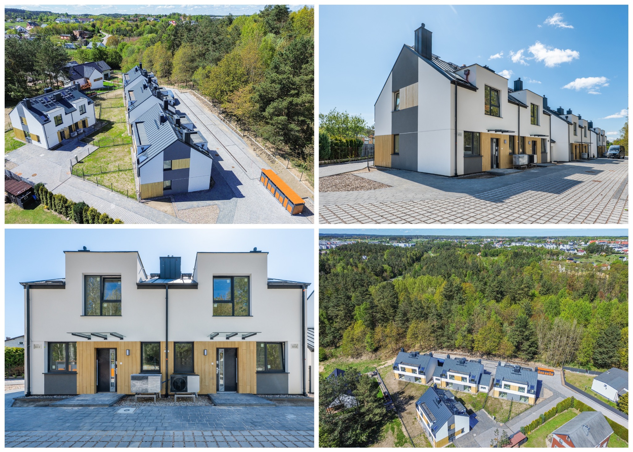 Nowoczesne, szeregowe domy z szarymi dachami i białymi elewacjami, z elementami drewna, prezentowane w kolażu z różnych perspektyw i ujęć.