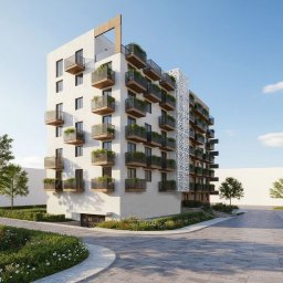 HOMFAN SPÓŁKA Z OGRANICZONĄ ODPOWIEDZIALNOŚCIĄ - Wizualizacja budynku wielorodzinnego z balkonami obsadzonymi zielenią, nowoczesna architektura, jasna elewacja, dekoracyjny element fasady, zadbany teren wokół.