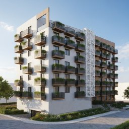HOMFAN SPÓŁKA Z OGRANICZONĄ ODPOWIEDZIALNOŚCIĄ - Wizualizacja budynku wielorodzinnego z balkonami obsadzonymi zielenią, nowoczesna architektura, jasna elewacja, ażurowy element dekoracyjny, zieleń wokół budynku.
