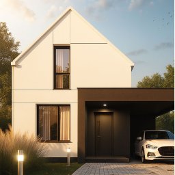 HOMFAN SPÓŁKA Z OGRANICZONĄ ODPOWIEDZIALNOŚCIĄ - Elewacja nowoczesnego domu jednorodzinnego z podjazdem z kostki, oświetlona lampami. Biała bryła z ciemnymi oknami i wiatą garażową. W tle błękitne niebo.