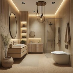 HOMFAN SPÓŁKA Z OGRANICZONĄ ODPOWIEDZIALNOŚCIĄ - Nowoczesna łazienka w beżach: podświetlane półki, owalne lustro, minimalistyczna armatura, kabina prysznicowa ze szkła, drewnopodobne płytki ułożone w jodełkę.