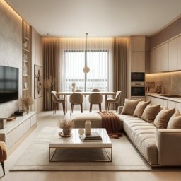 HOMFAN SPÓŁKA Z OGRANICZONĄ ODPOWIEDZIALNOŚCIĄ - Jasne wnętrze: salon z aneksem kuchennym w beżach. Sofa narożna z poduszkami, stolik kawowy, krzesło typu uszak. W tle stół jadalny i zabudowa kuchenna.