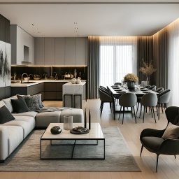 HOMFAN SPÓŁKA Z OGRANICZONĄ ODPOWIEDZIALNOŚCIĄ - Nowoczesne wnętrze: salon z narożnikiem, jadalnia z krzesłami i kuchnia w stonowanej kolorystyce. Minimalistyczny design, subtelne oświetlenie, eleganckie dodatki.