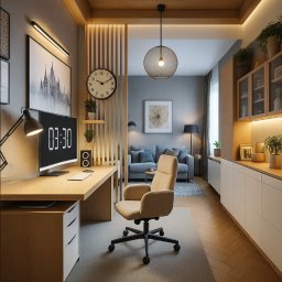 HOMFAN SPÓŁKA Z OGRANICZONĄ ODPOWIEDZIALNOŚCIĄ - Nowoczesny gabinet w domu: biurko z lampką, fotel na kółkach, minimalistyczne meble, dekoracje ścienne i oświetlenie. Przytulna przestrzeń do pracy.