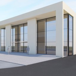 HOMFAN SPÓŁKA Z OGRANICZONĄ ODPOWIEDZIALNOŚCIĄ - Wizualizacja nowoczesnego biurowca z dużymi przeszkleniami i minimalistyczną bryłą. Dwóch spacerujących ludzi przed budynkiem dodaje skali.