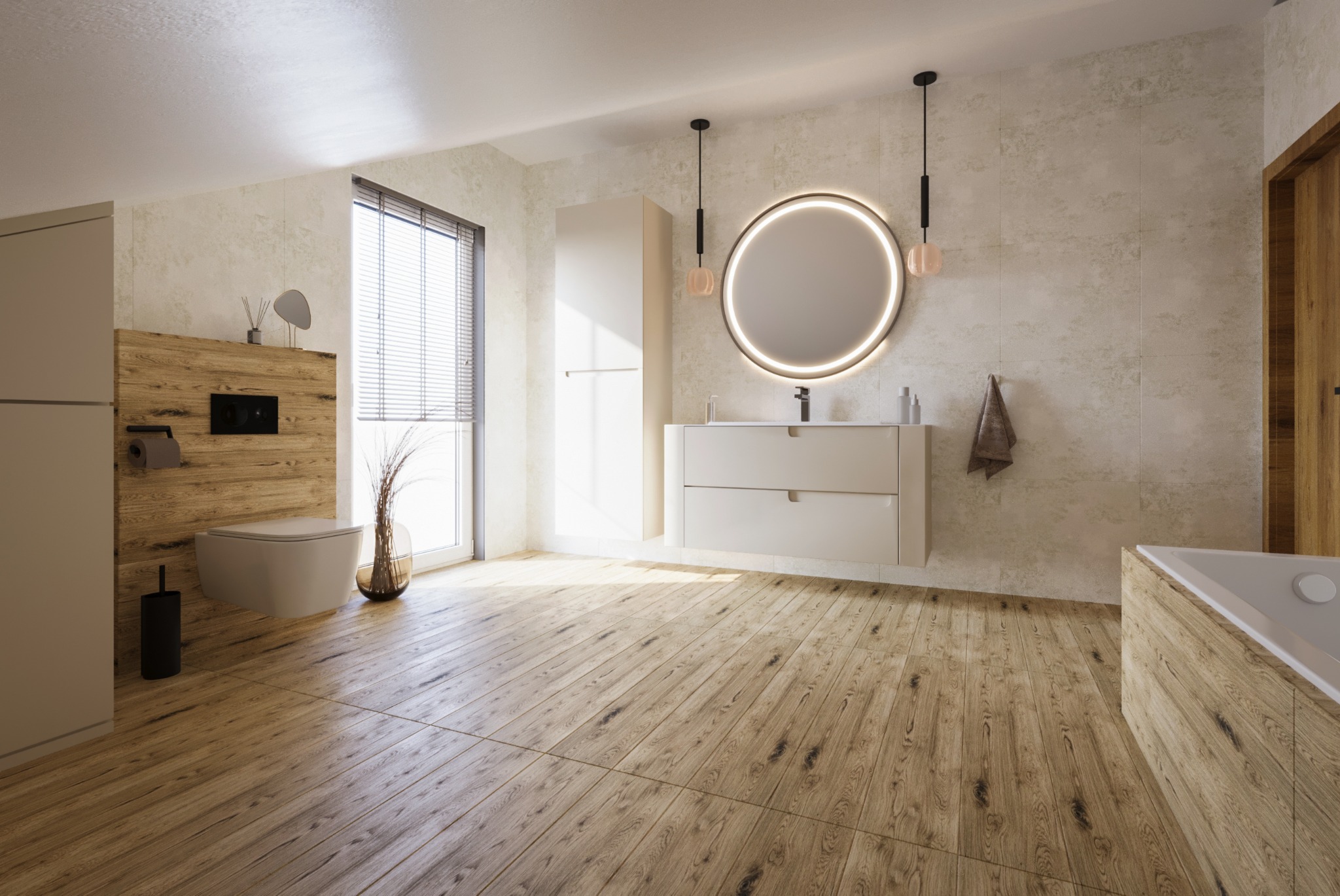 Jasna łazienka z drewnianą podłogą, okrągłym lustrem z podświetleniem LED, wiszącą toaletą z drewnianym panelem i elementami dekoracyjnymi.
